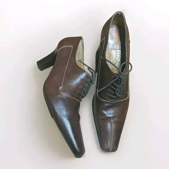 Salvatore Ferragamo‎ Brown Brogue Leather Platform Pumps Size 10B Style DQ96651